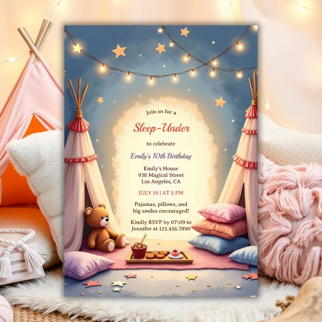 Convites Dormir Em Festa De Cama Interior Cute (Sleep Under Cute Birthday For Girls Cozy Indoor Party Watercolor Birthday Invitation)
