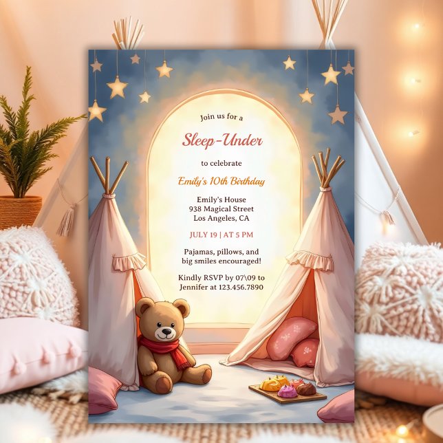 Convites Dormir Sob A Festa Cozy Pajama Para Meninas Aniver (Sleep-Under Birthday Invitation – Cozy Pajama Party Invite for Girls Watercolor Birthday Invite)