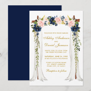 Convites Dossel de Noiva Aquarela Rosa Azul Floral Dourado