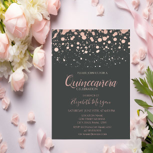 Convites Dotos Dourados Rosa modernos, Quinceanera Cinza