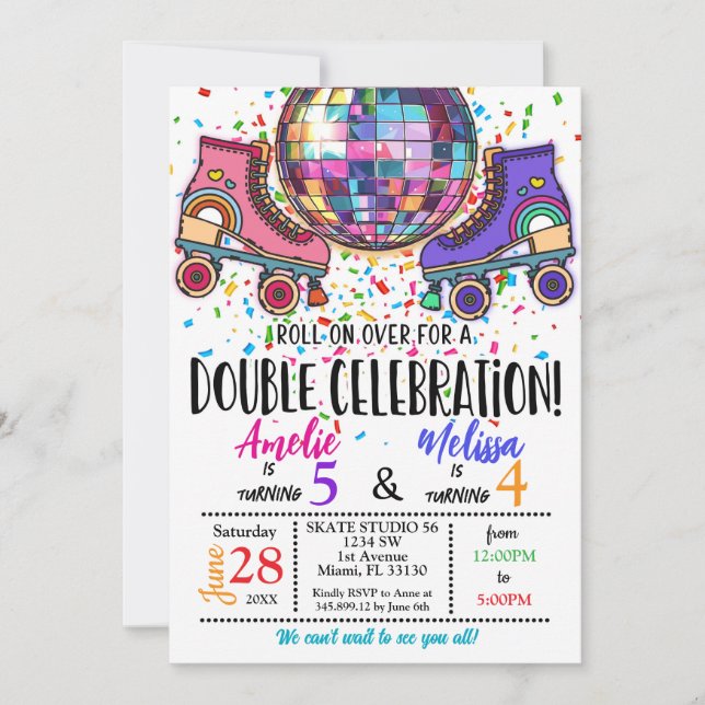 Convites Double Celebration Roller Skating Disco Invitation (Frente)
