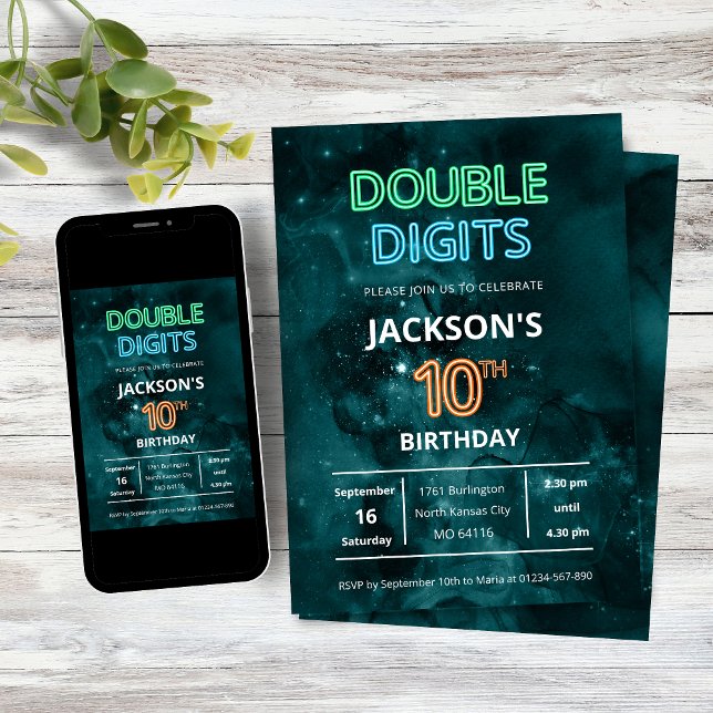 Convites Double Digits Boys Neon Space 10th Birthday (Double Digits Neon Space Galaxy Boys 10th Birthday Party Invitation)