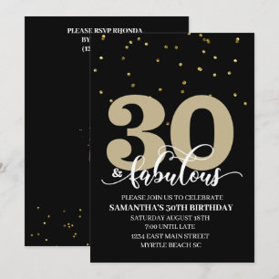 Convites Dourada 30 preta e Festa de aniversário fabulosa 