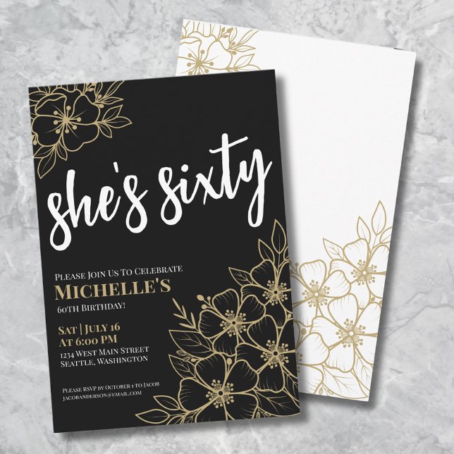Convites Dourada 60ª Festa de aniversário preta (Chic Sixty Black Gold 60th Birthday Party Invitation)