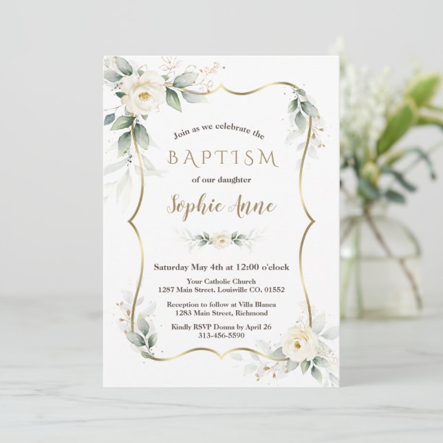 Convites Dourada Airy Greenery White Ivory Floral Baptism (Em pé/Frente)