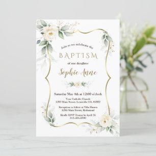 Convites Dourada Airy Greenery White Ivory Floral Baptism