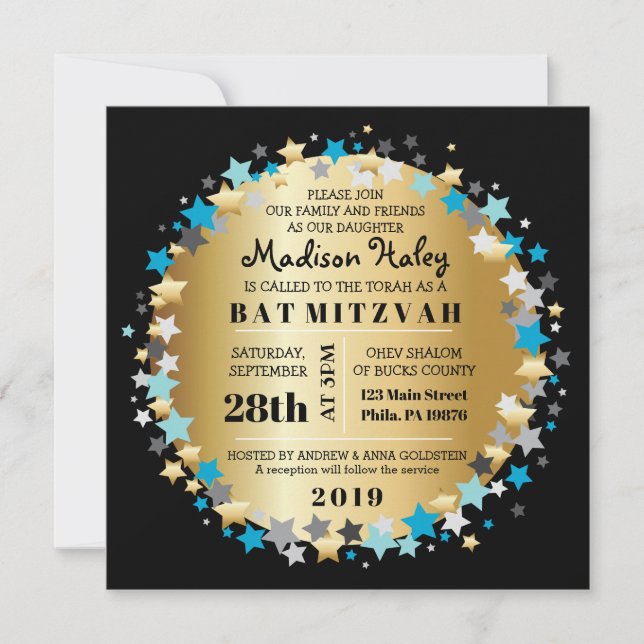 Convites DOURADA Aqua Dourada Estrelas Bar Bat Mitzvah Conv (Frente)