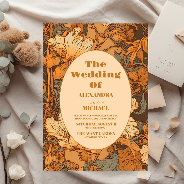 Convites Dourada Arte Floral Nouveau Casamento (Criador carregado)