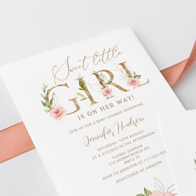 Convites Dourada blush floral Sweet Little chá de fraldas (Criador carregado)
