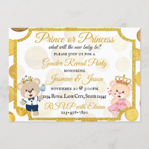 Convites Dourada Bolinhas Príncipe ou Princesa Revelação