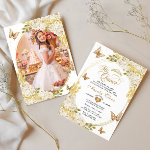 Convites Dourada borboleta branca Quinceañera