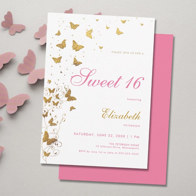 Convites Dourada Borboleta Jardim Menina Rosa Elegante Doce (elegant sweet 16 girls birthday party invitation gold butterflies garden classy stylish boho chic)