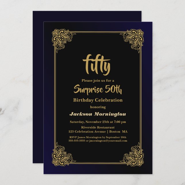 Convites Dourada Borda Surpresa 50ª Festa de aniversário (Frente/Verso)