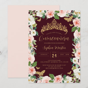 Convites Dourada Borgonha Rosa Floral Tiara Quinceanera
