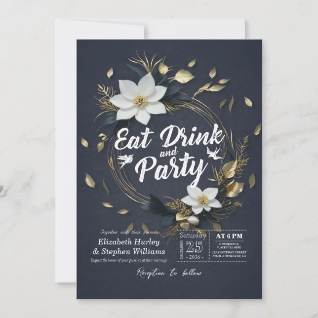 Convites Dourada Branca Floral Wreath EAT Beber e Casamento (Frente)