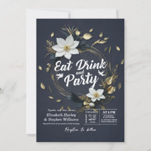 Convites Dourada Branca Floral Wreath EAT Beber e Casamento