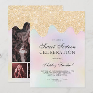 Convites Dourada brilha pingos cor de pérola doce dezesseis