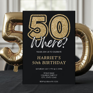 Convites Dourada brilhante 50, quando 50º aniversário preto
