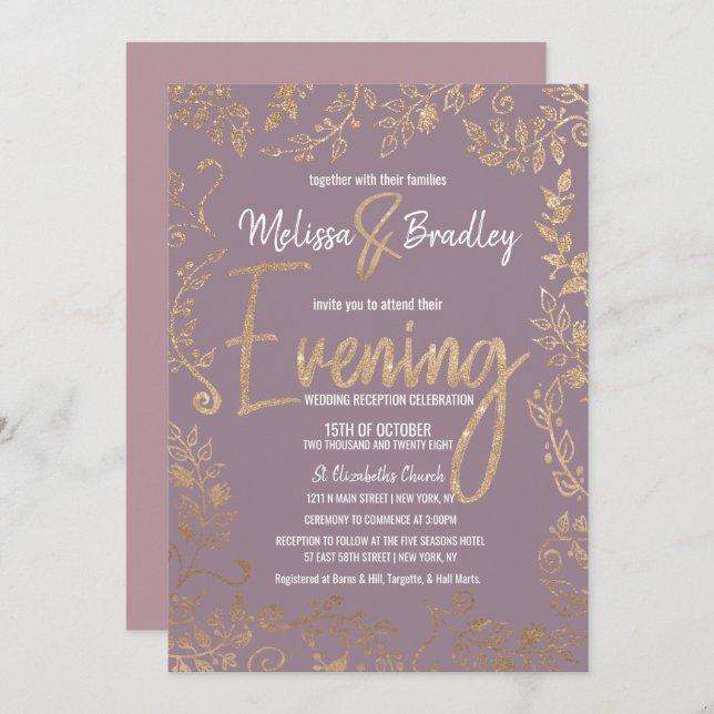 Convites Dourada Brilhante Floral Ombre Mauve Lilac Noite (Frente/Verso)