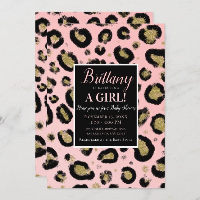 Convites Dourada brilhante rosa e Chá de fraldas-leopardo p (Frente/Verso)