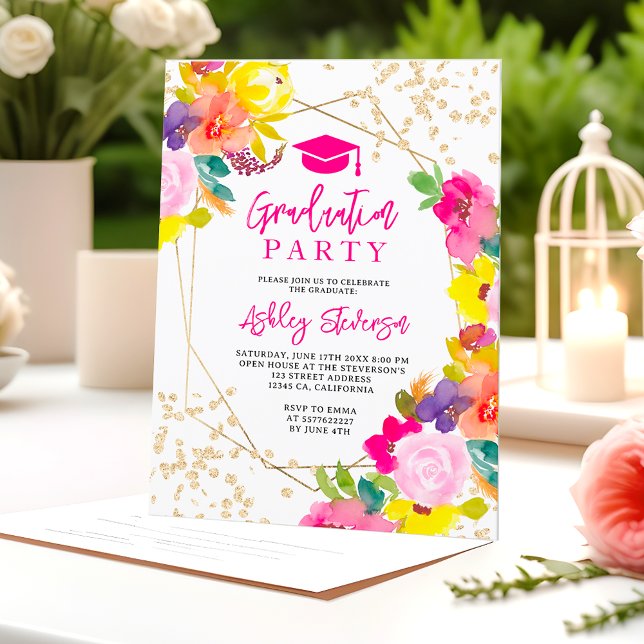 Convites Dourada brilho boho bold fotografia floral (Gold glitter boho bold floral photo graduation invitation)