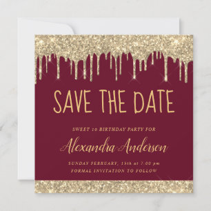 Convites Dourada Burgundy Glitter Sweet 16 Salve a data