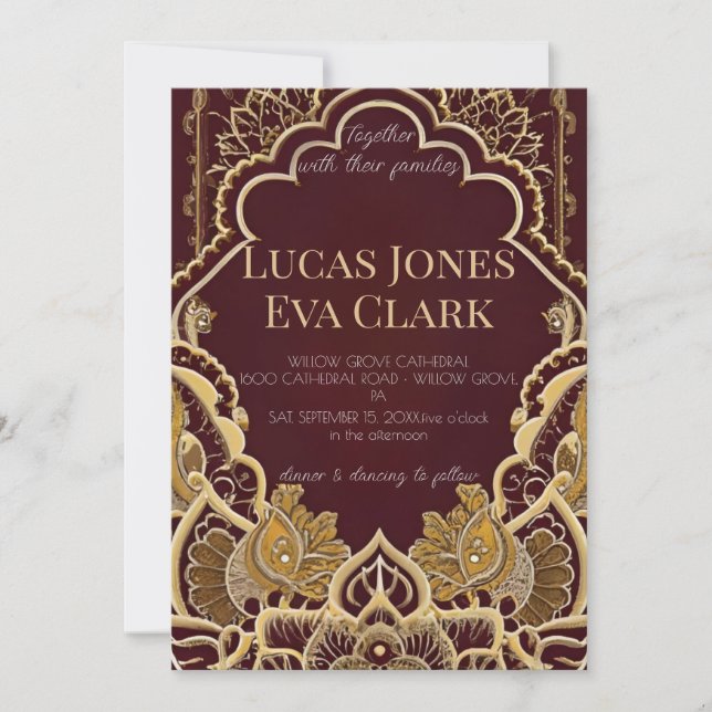 Convites Dourada Burgundy Mehendi Henna Indian Weding Convi (Frente)