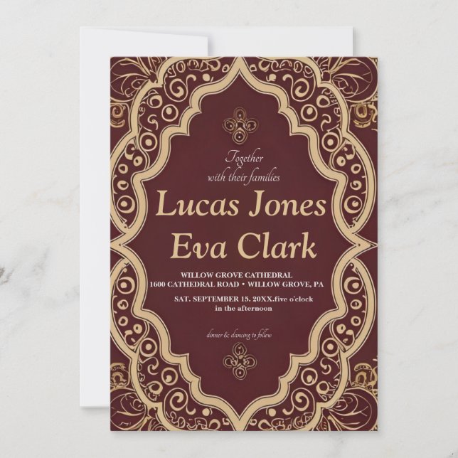 Convites Dourada Burgundy Mehendi Henna Indian Weding Convi (Frente)