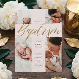 Convites Dourada caligrafia Foto Colagem Bebê Baptismo Cruz