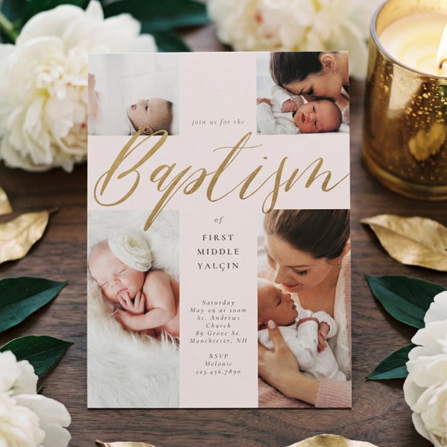 Convites Dourada caligrafia Foto Colagem Bebê Baptismo Cruz (Gold Calligraphy Photo Collage Baby Baptism Cross Invitation)