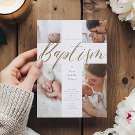 Convites Dourada caligrafia Foto Colagem Bebê Baptismo Cruz