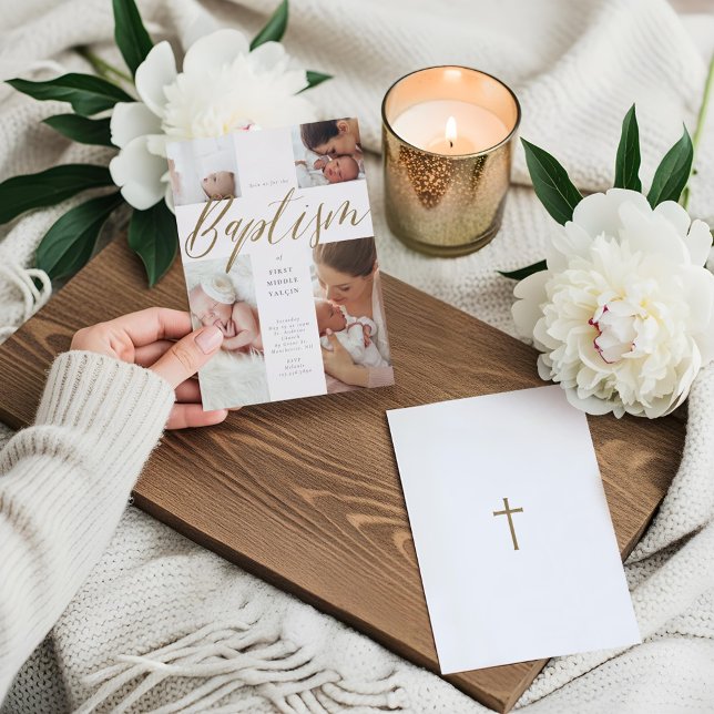Convites Dourada caligrafia Foto Colagem Bebê Baptismo Cruz (Gold Calligraphy Photo Collage Baby Baptism Cross Invitation)
