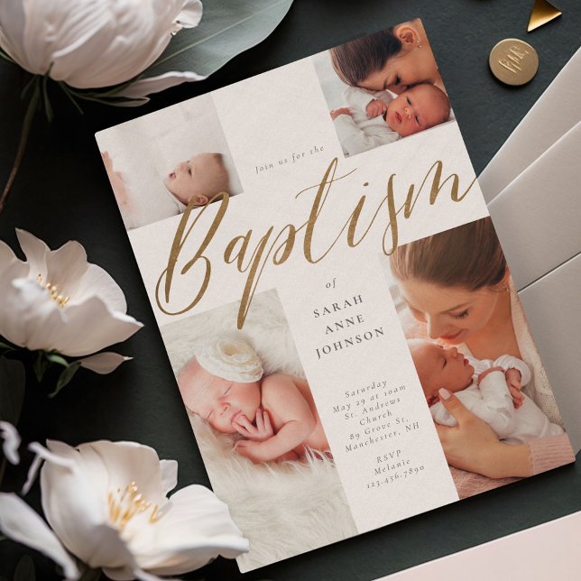 Convites Dourada caligrafia Foto Colagem Bebê Baptismo Cruz (Gold Calligraphy Photo Collage Baby Baptism Cross Invitation)