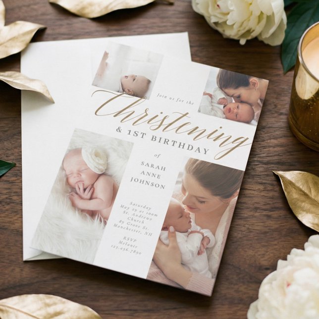 Convites Dourada caligrafia Fotografia Natal e primeiro ani (Gold Calligraphy Photo Christening & 1st Birthday Invitation)