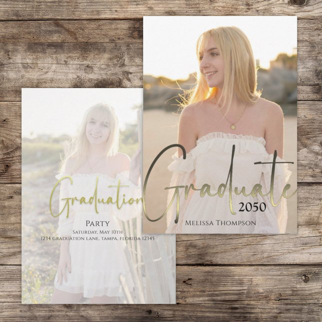 Convites Dourada Caligrafia Preta Simples Duas Fotografias (Graduation photo invitation announcement with gradient gold calligraphy. )