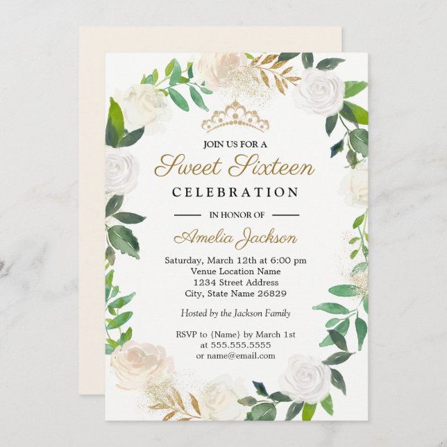Convites Dourada camada de aquarela Doce Dezesseis 16º (Frente/Verso)