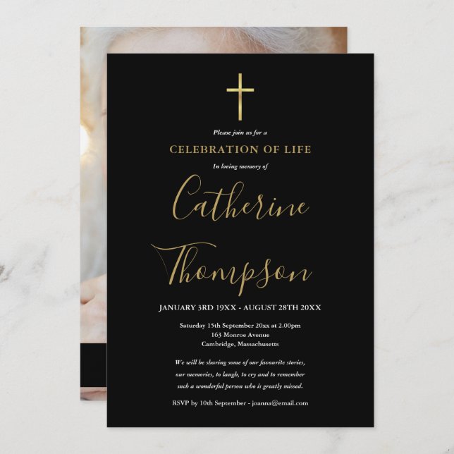 Convites Dourada Celebração Funeral da Vida Foto (Frente/Verso)