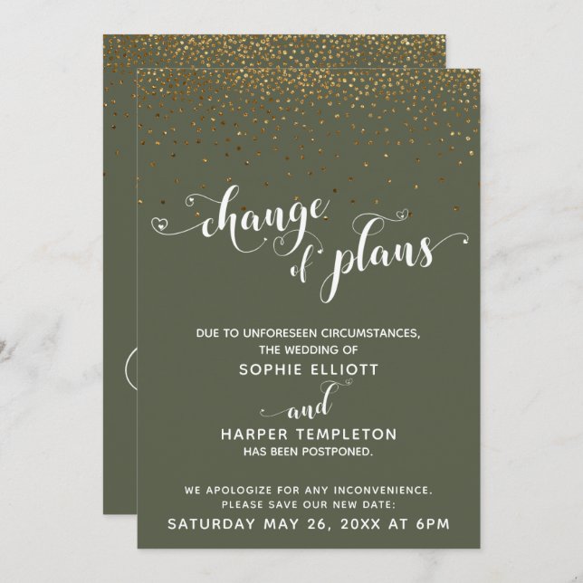 Convites Dourada Confetti & Chive Green Change of Plan Card (Frente/Verso)