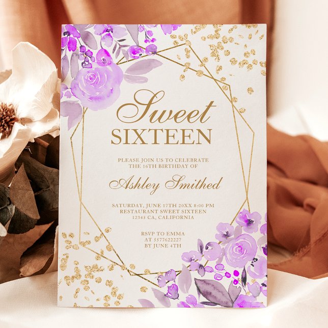 Convites Dourada cor de água floral lavanda brilhante Sweet (Gold glitter lavender floral watercolor Sweet 16 Invitation)