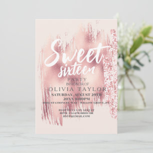 Convites Dourada cor-de-rosa, brilho moderno doce 16 garota