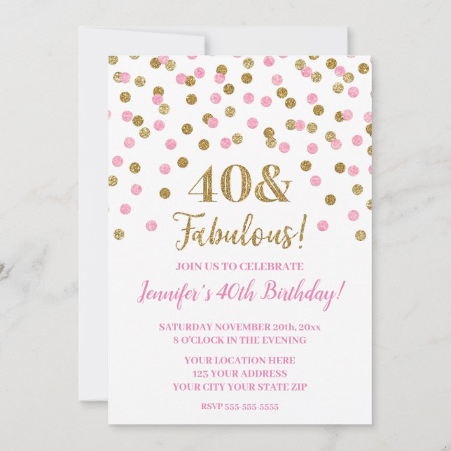 Convites Dourada cor-de-rosa Confetti 40 e Fabuloso (Verso)
