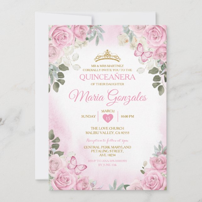 Convites Dourada Coroa Mexicana Rosa Quinceañera (Frente)