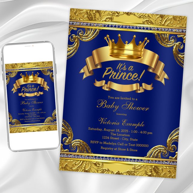 Convites Dourada Coroa Real Rico  Príncipe Chá de fraldas (Elegant prince baby shower invitation. Digital download and printed invitations available.)