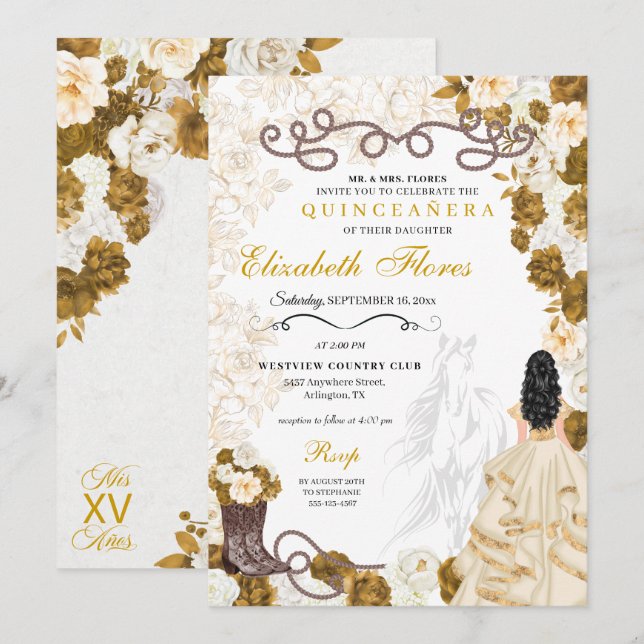Convites Dourada Cowgirl Charro Western Quinceañera (Frente/Verso)