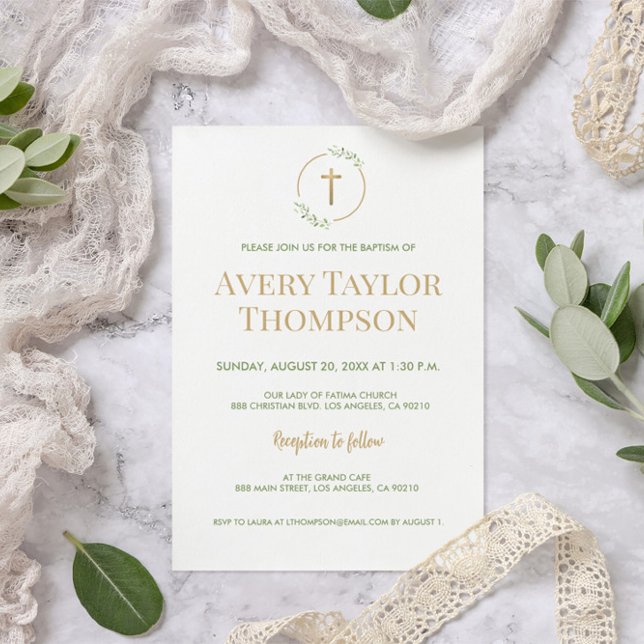 Convites Dourada cruz aquarela, modelo de batismo (Simple greenery watercolor wreath gold cross baptism invitation)