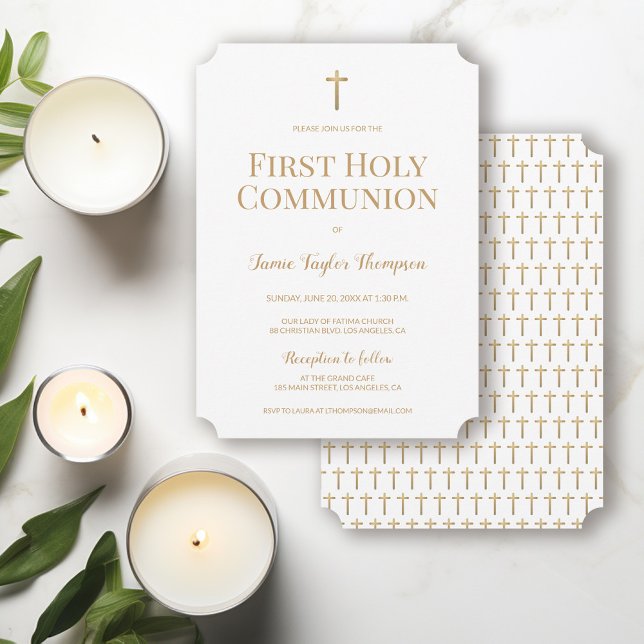 Convites Dourada Cruz Branca pura Primeira Comunhão Sagrada (Gender neutral First holy communion gold cross and white invitation )