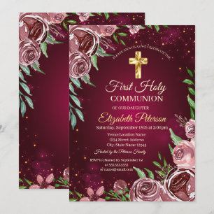 Convites Dourada Cruz Burgundy Rosas Primeira Comunhão