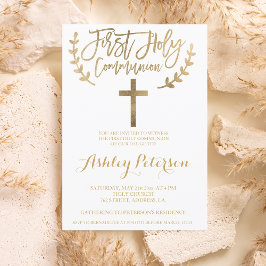 Convites Dourada cruz chica simples Primeira Comunhão Sagra