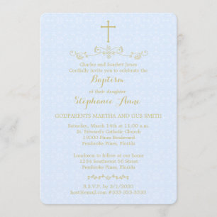 Convites Dourada cruz e louros em azul claro