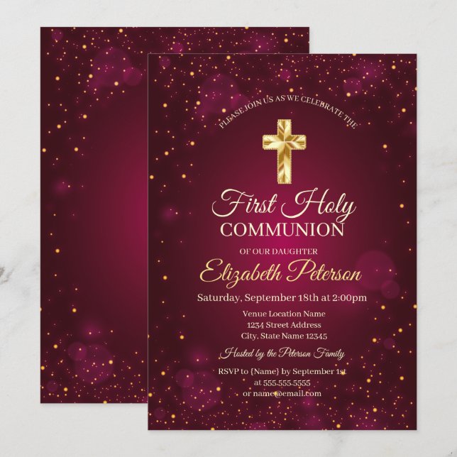 Convites Dourada Cruz Vermelha Confetti Primeira Comunhão S (Frente/Verso)